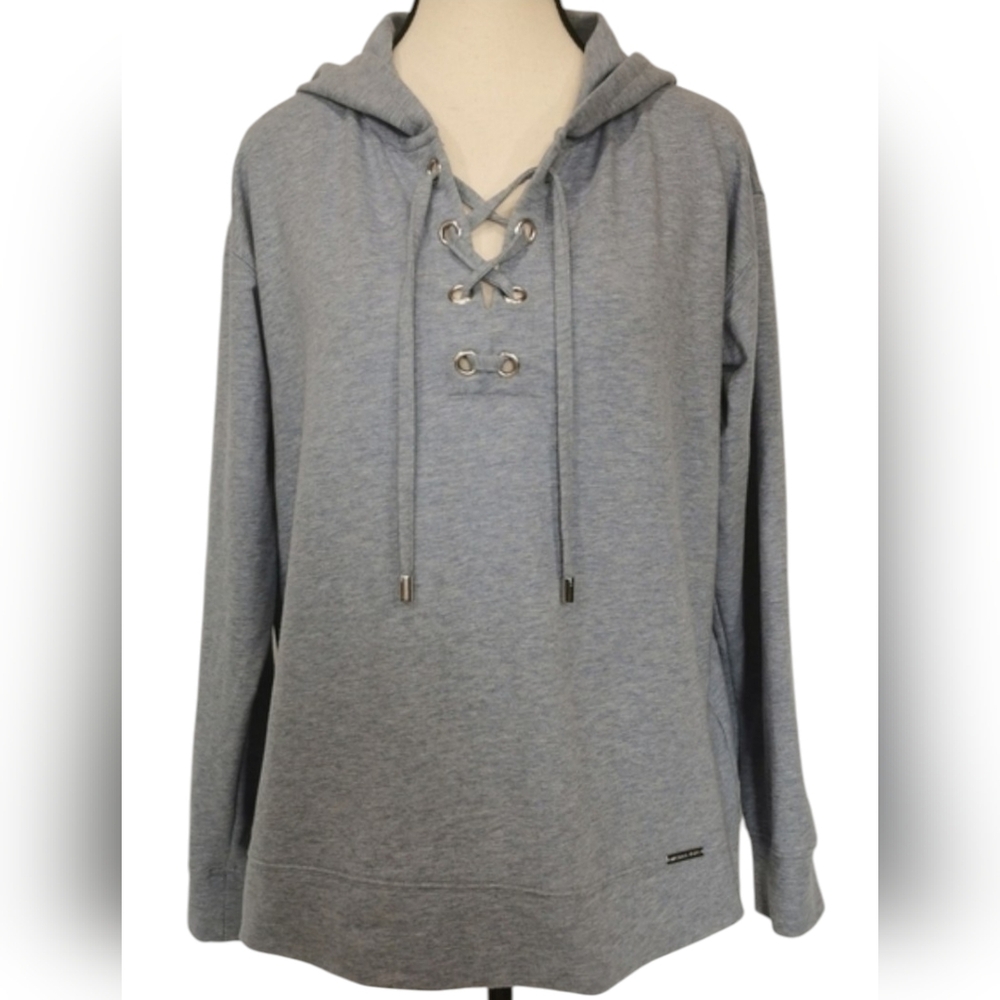 Michael Kors Lace-Up Hoodie Heather Blue Pullover Sweatshirt Sz M